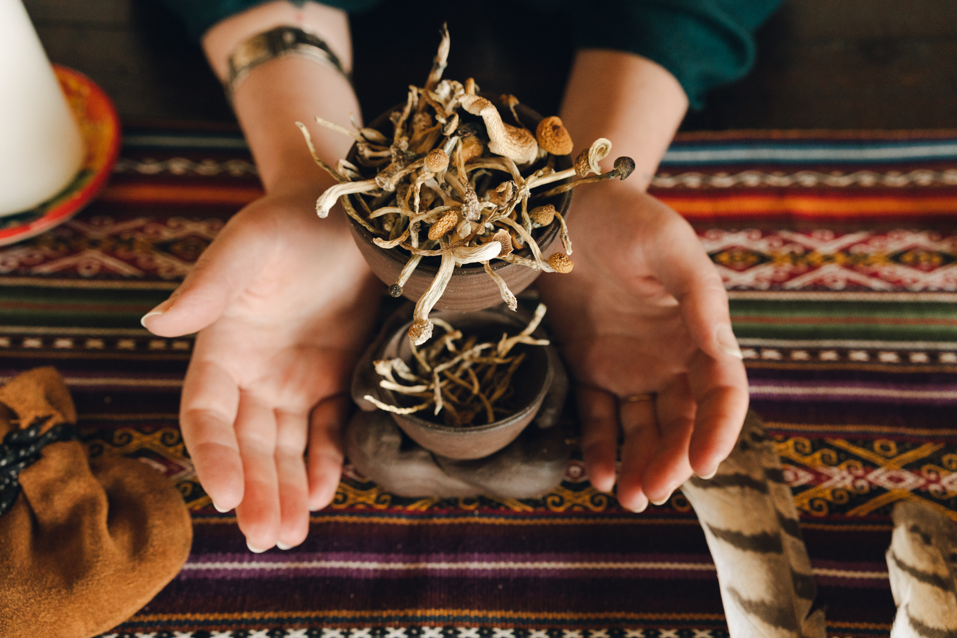 Woman's hands cupping a bowl of psilocybin mushrooms